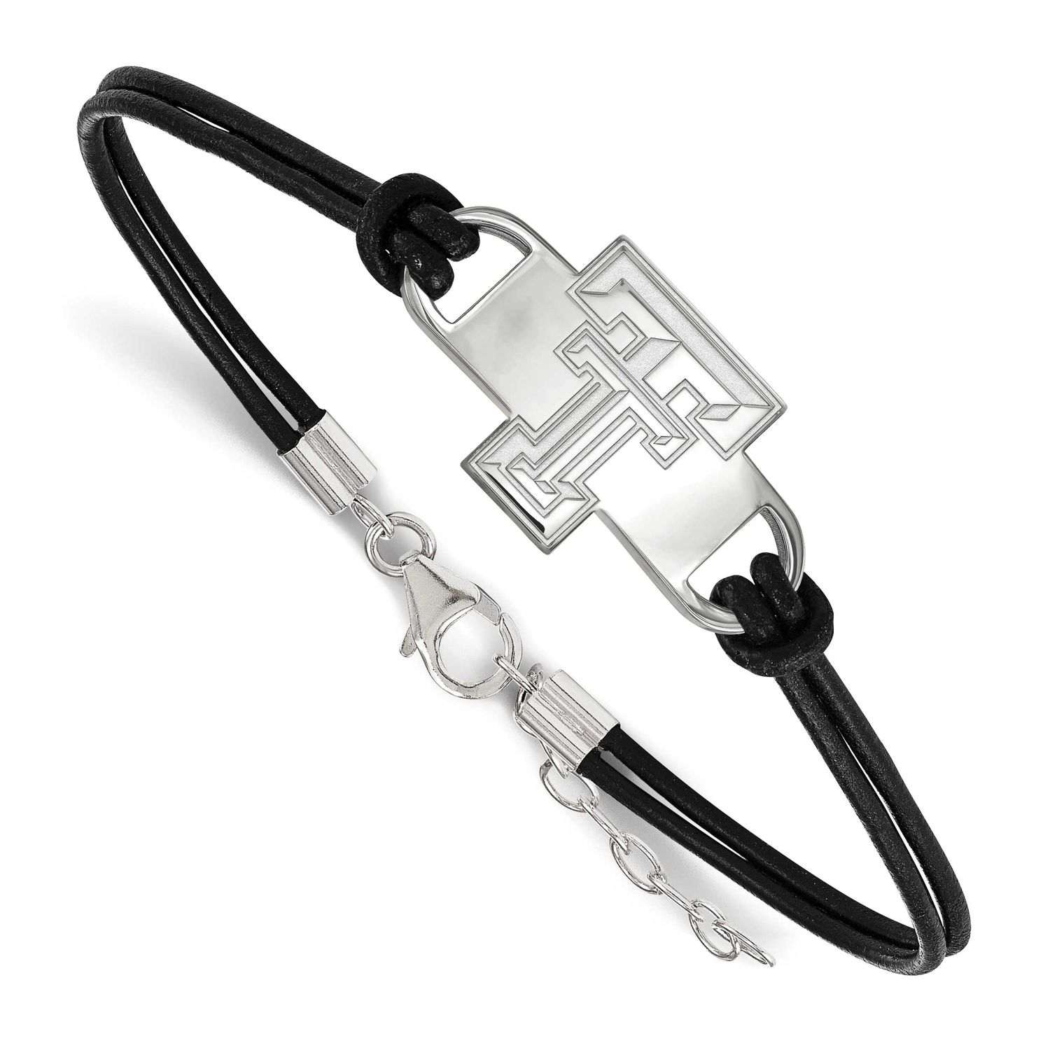 Texas Tech University T-T Small Center Black Leather 7 Inch Bracelet with Extender Sterling Silver …