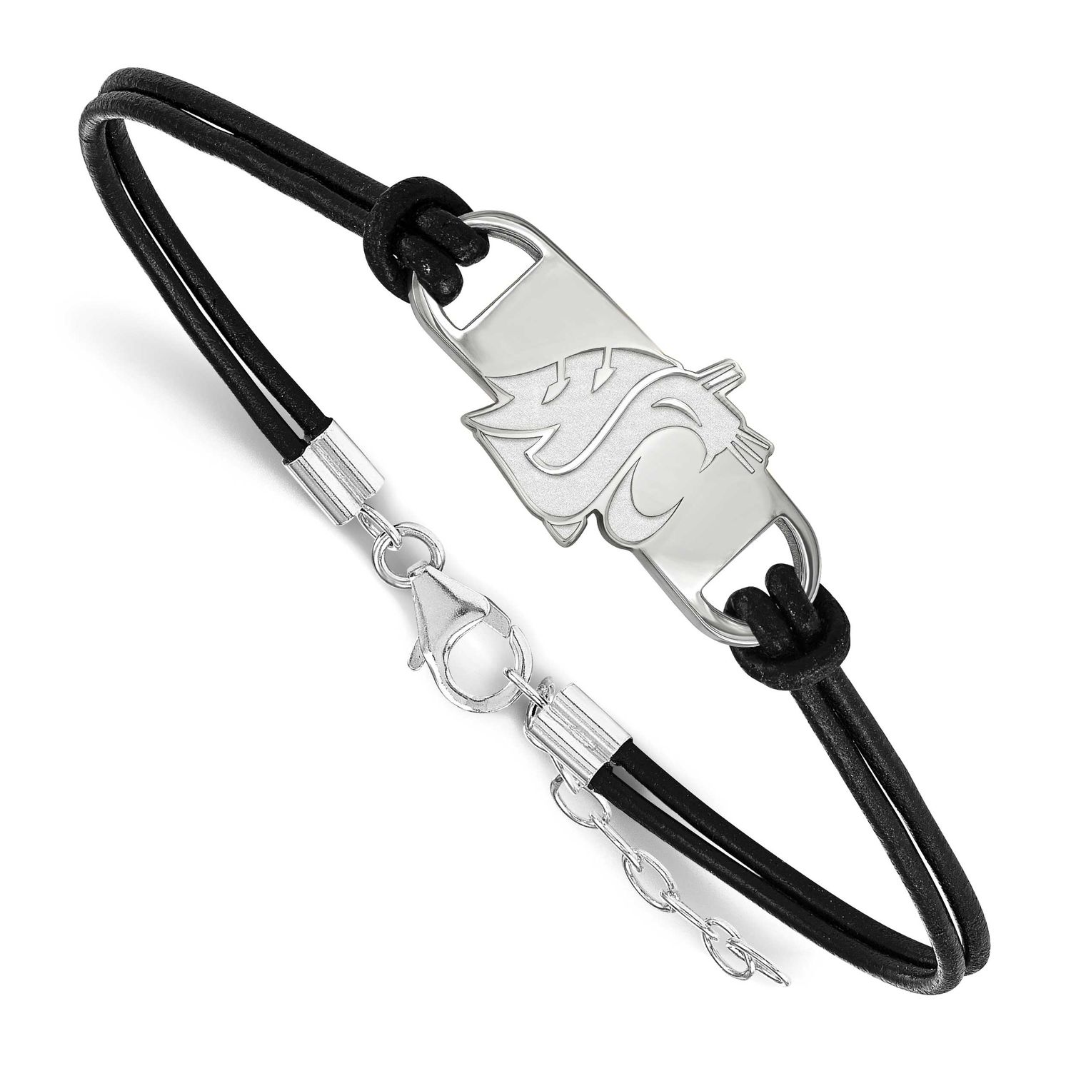 Washington State University Cougar Small Center Black Leather 7 Inch Bracelet with Extender Sterlin…