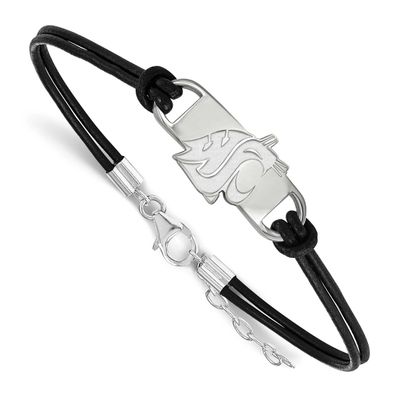 Washington State University Cougar Small Center Black Leather 7 Inch Bracelet with Extender Sterlin…