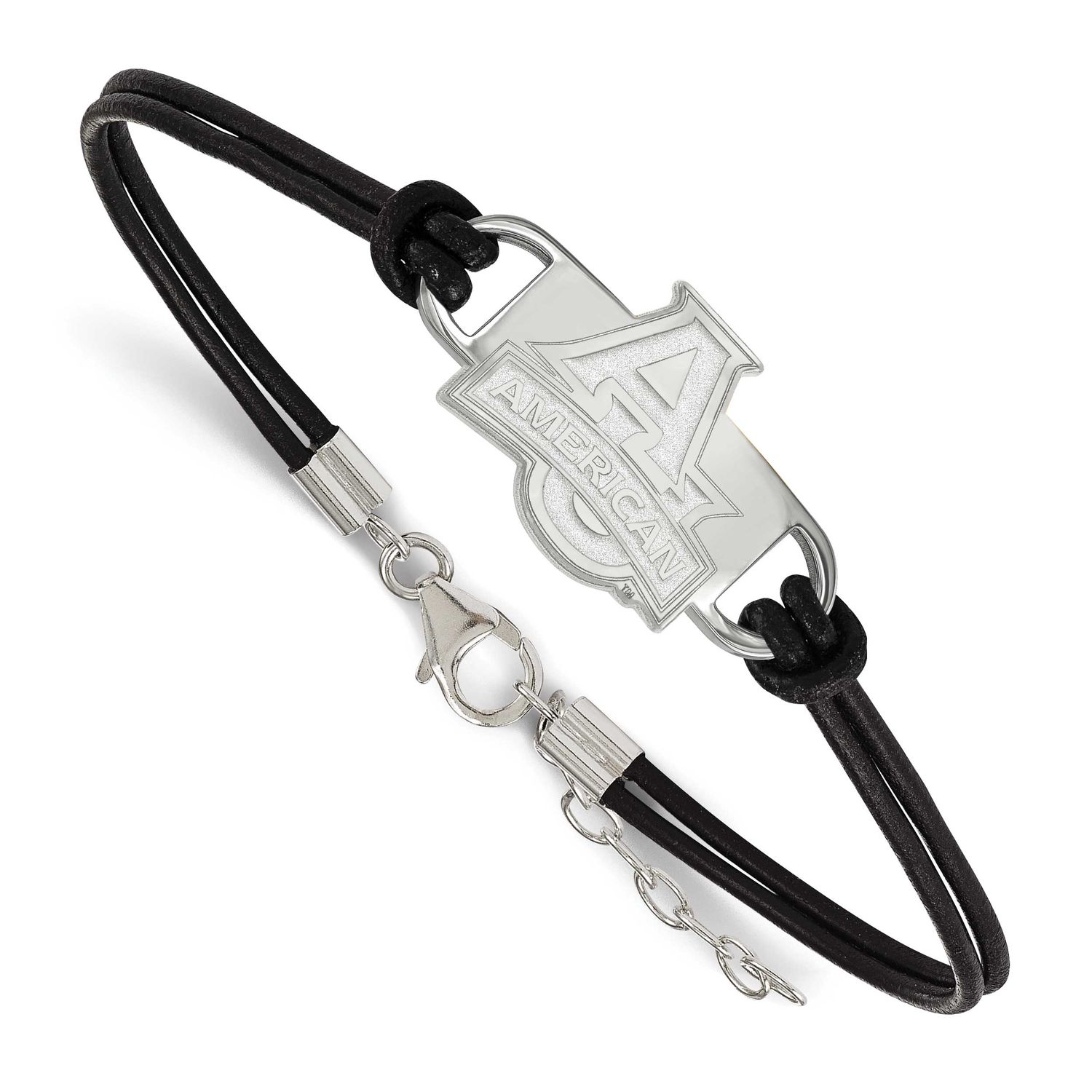 American University Small Center Black Leather 7 Inch Bracelet with Extender Sterling Silver Rhodiu…