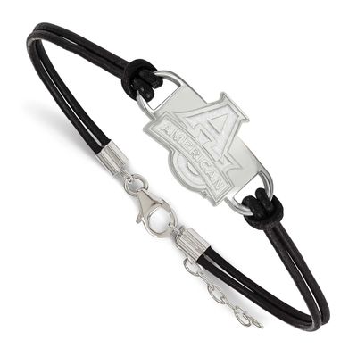 American University Small Center Black Leather 7 Inch Bracelet with Extender Sterling Silver Rhodiu…