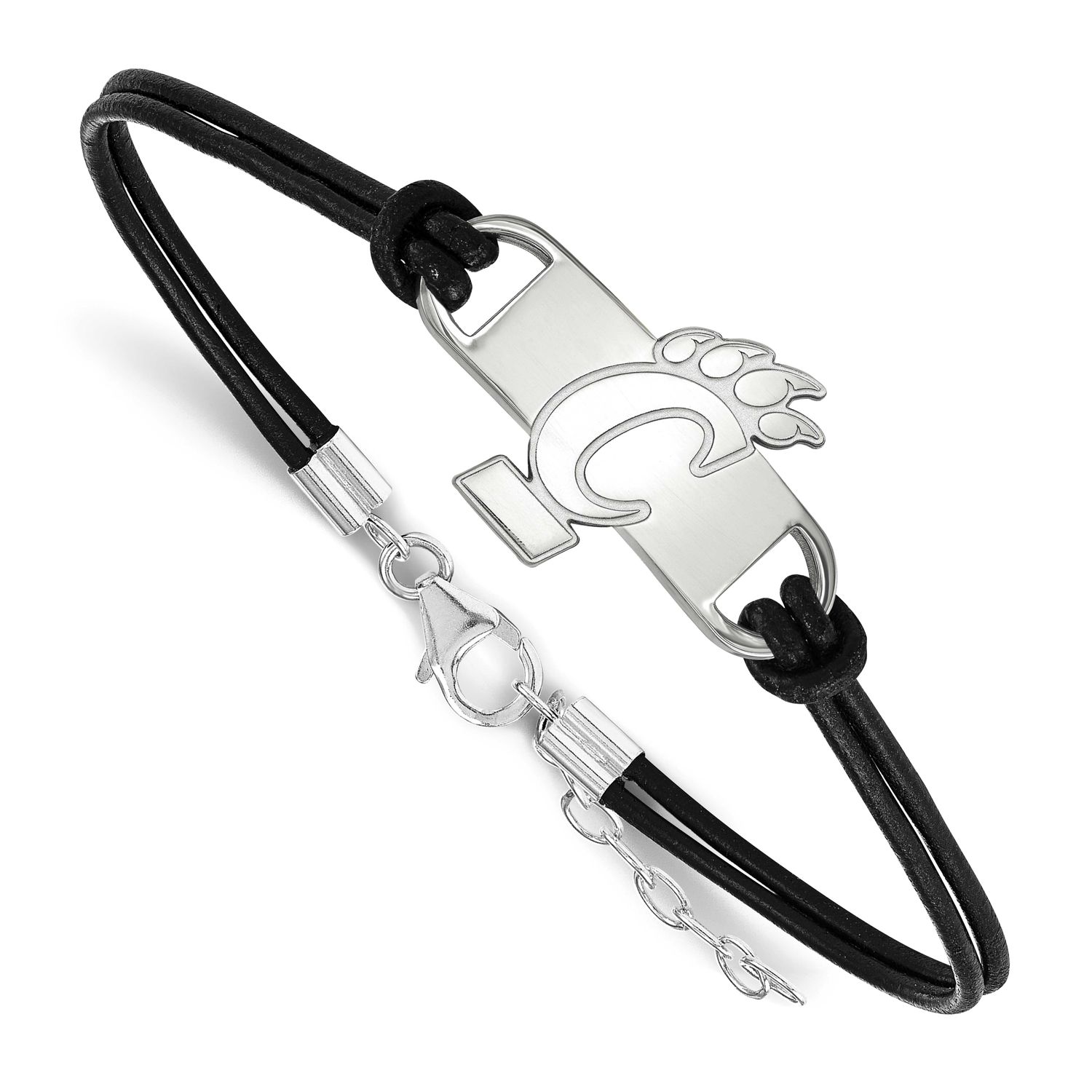 University of Cincinnati Small Center Black Leather 7 Inch Bracelet with Extender Sterling Silver R…