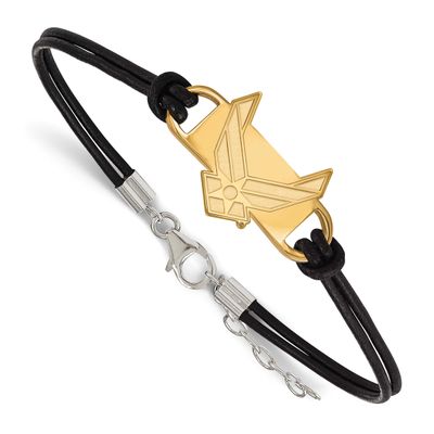U.S. Air Force Small Center Black Leather 7 Inch Bracelet with Extender Gold-plated Sterling Silver…