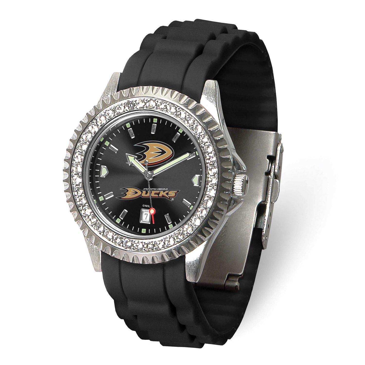 NHL Anaheim Ducks Ladies Sparkle Crystal Bezel Silicone Strap Quartz Watch with Date Gametime XWL12…