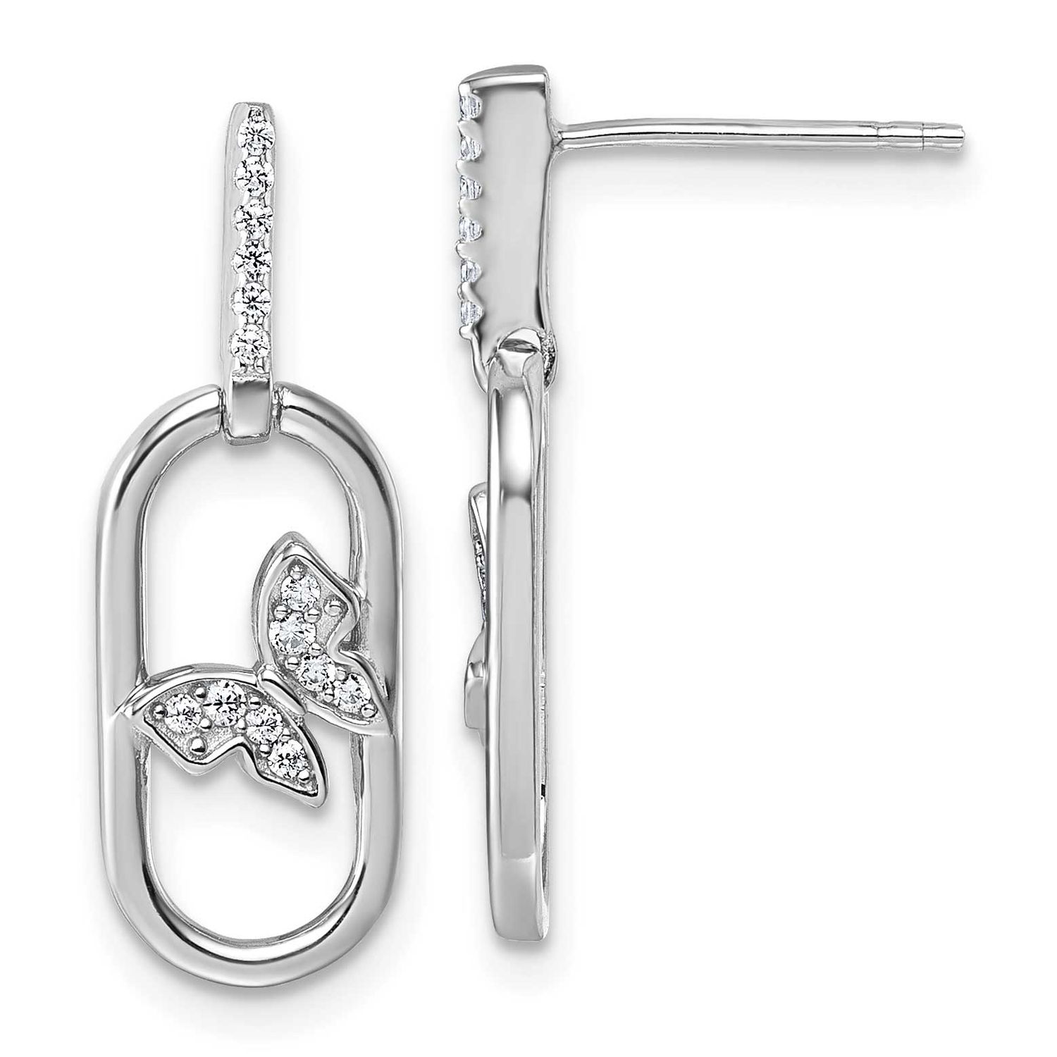 CZ Oval Dangle with Butterfly Post Earrings Sterling Silver Rhodium-Plated, MPN: QG6973E, UPC: