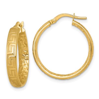 Textured 4mm Greek Key Textured Inside Hinged Hoop Earrings 14k Gold Polished, MPN: TF2402, UPC: