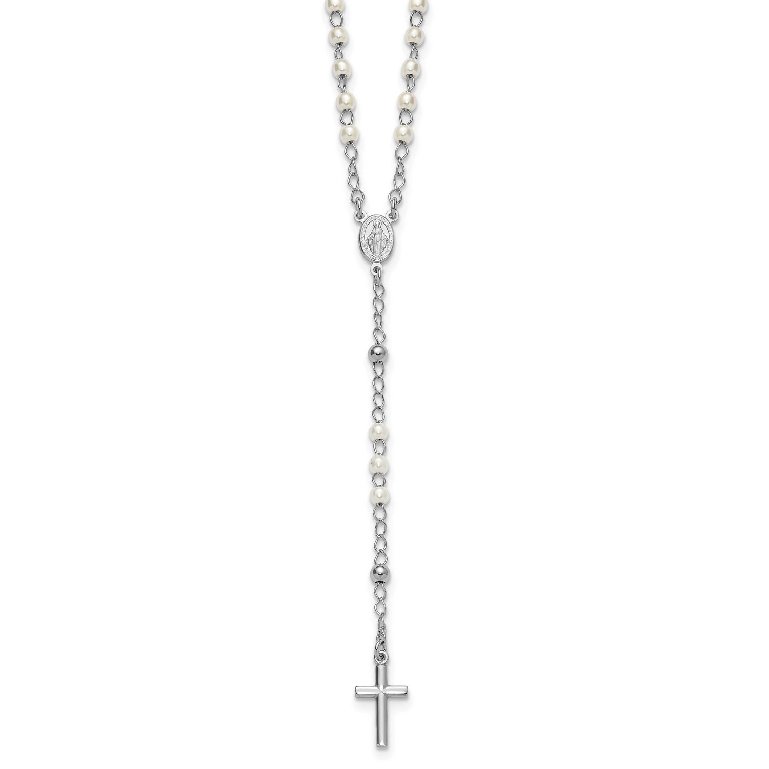 Plastic Imitation Pearl 19 Inch with 1 Inch Extension Rosary Neckl Sterling Silver Rhodium-Plated, …
