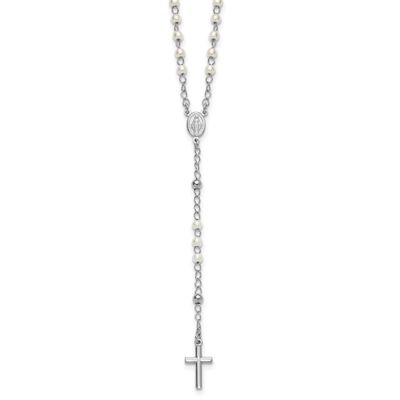Plastic Imitation Pearl 19 Inch with 1 Inch Extension Rosary Neckl Sterling Silver Rhodium-Plated, …