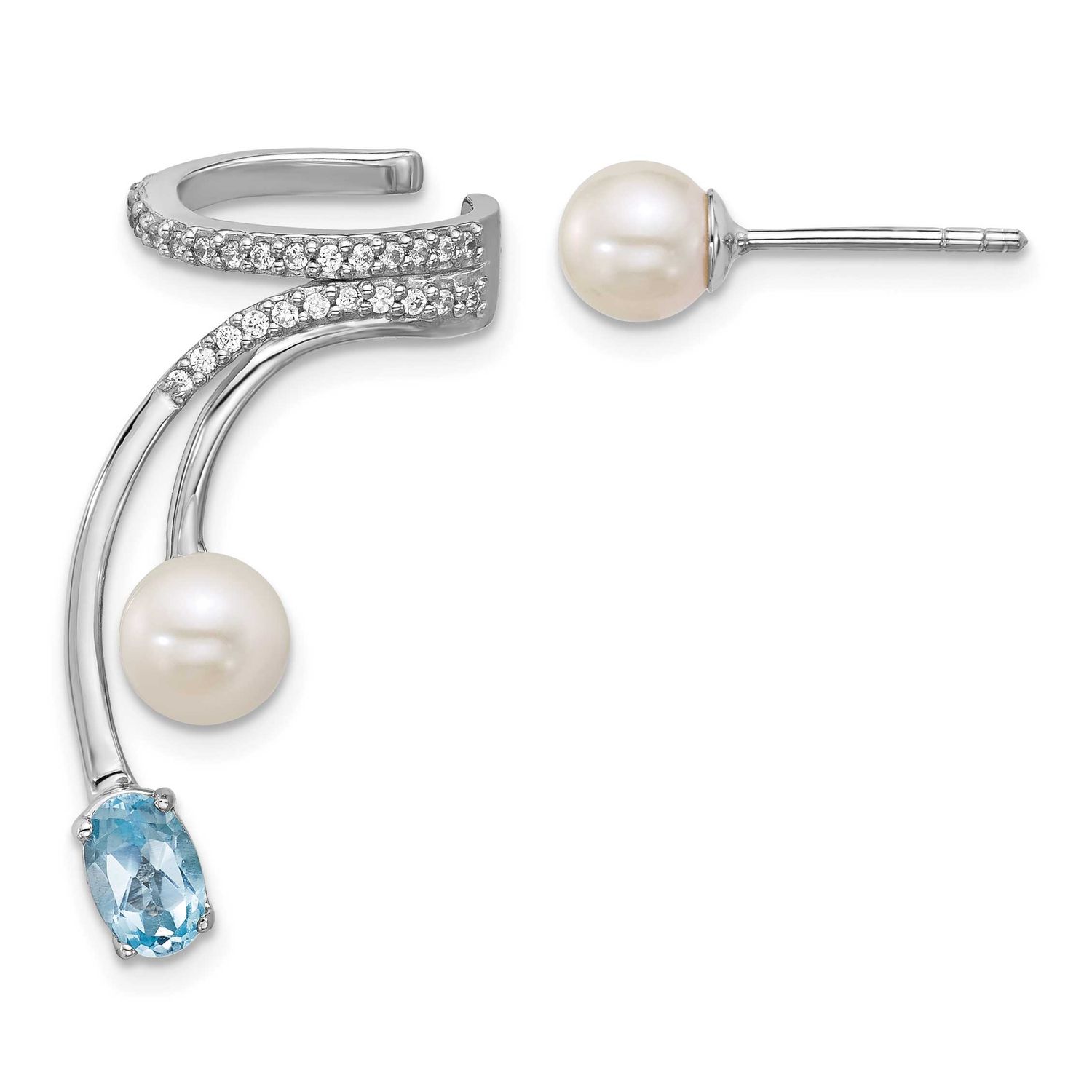 CZ Fwc Pearl Blue Topaz Post and Cuff Asymmetric Earrings Sterling Silver Rhodium-Plated, MPN: QE18…