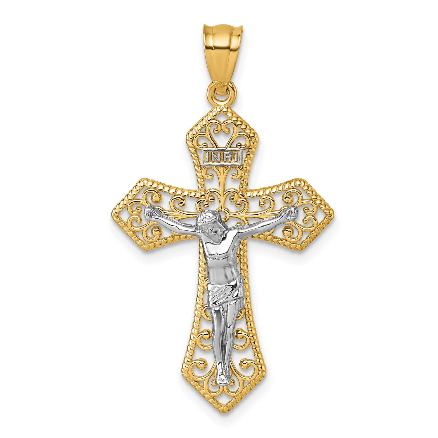Beaded Fancy Crucifix Pendant 14K Two Tone Gold Polished, MPN: K10098, UPC: