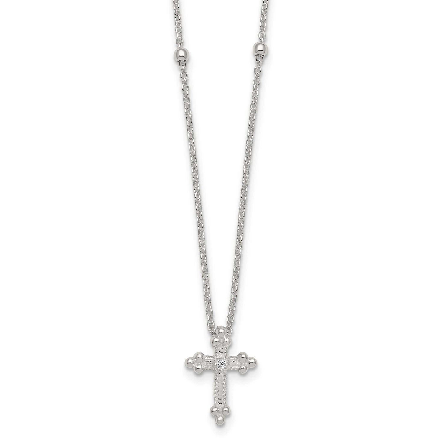 Beaded CZ Cross with 1 Inch Extension Necklace Sterling Silver Polished, MPN: QG7120-16.5, UPC: