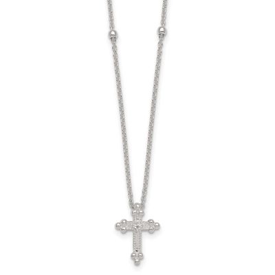 Beaded CZ Cross with 1 Inch Extension Necklace Sterling Silver Polished, MPN: QG7120-16.5, UPC: