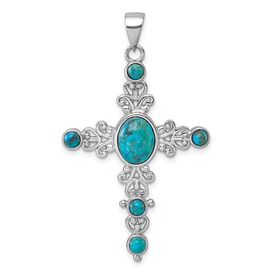 Compressed Turquoise Fancy Cross Pendant Sterling Silver Rhodium-Plated, MPN: QC11615, UPC: