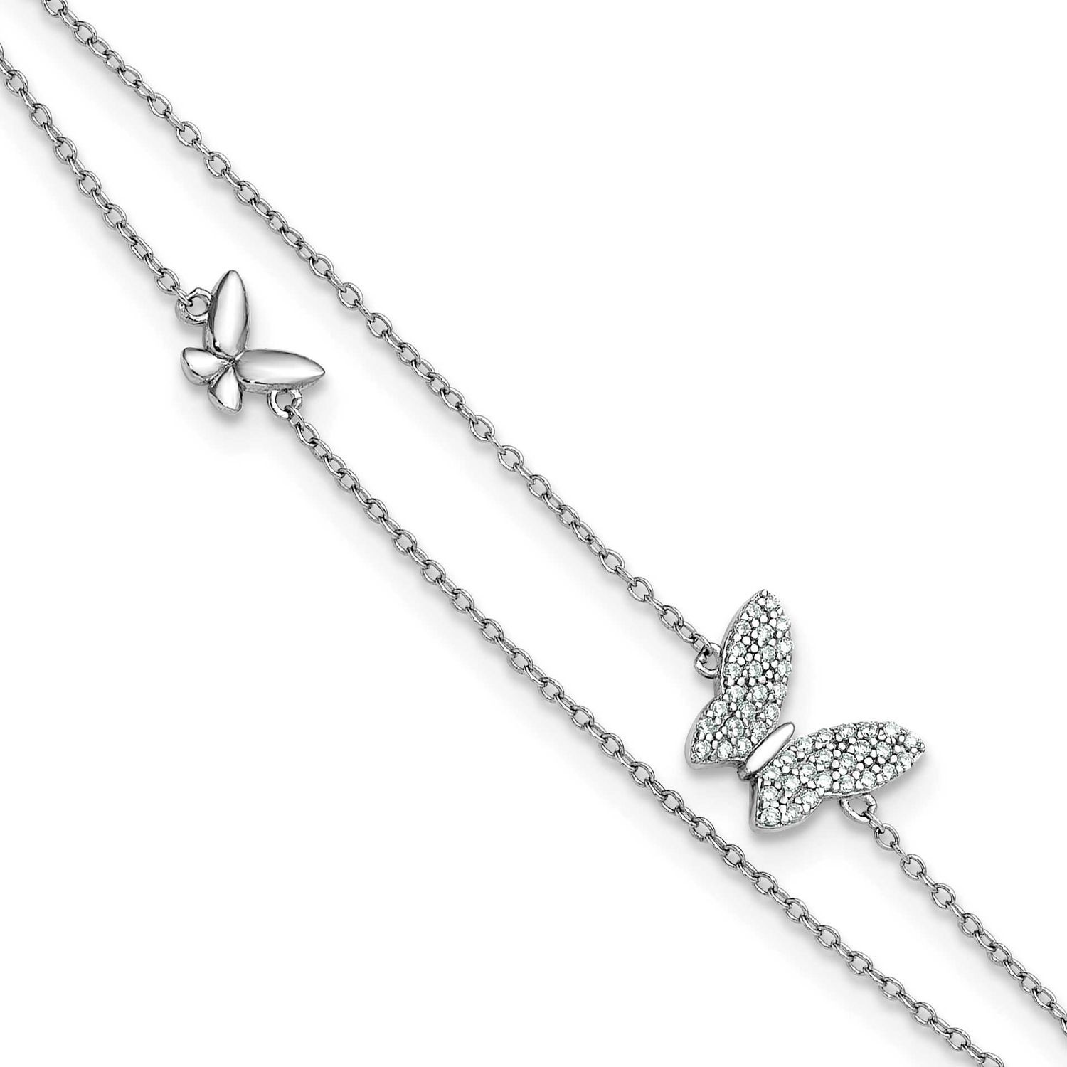 Two-Strand CZ Butterflies 9 Inch Plus 1 Inch Extension Anklet Sterling Silver Rhodium-Plated, MPN: …