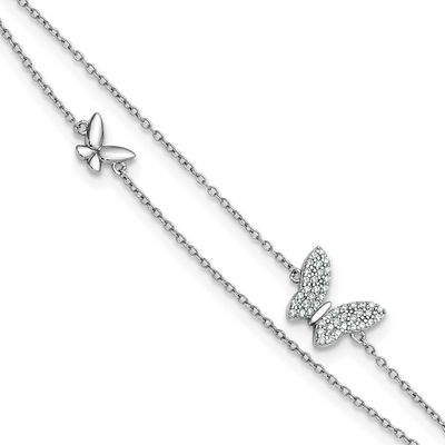 Two-Strand CZ Butterflies 9 Inch Plus 1 Inch Extension Anklet Sterling Silver Rhodium-Plated, MPN: …