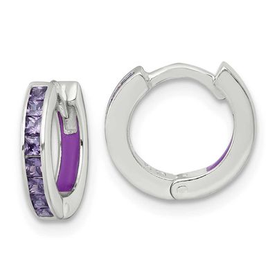 Purple CZ and Purple Enamel In and Out 13mm Hinged Round Hoop Earrings Sterling Silver Polished, MP…