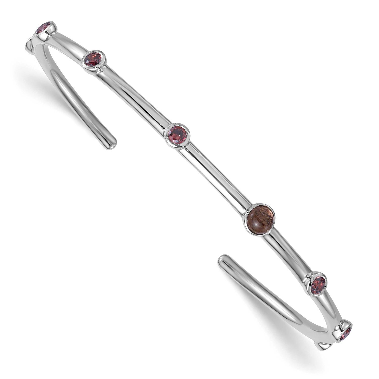 Rhodium-Plated CZ Smokey Quartz Cuff Bangle Sterling Silver Polished, MPN: QB1643, UPC: