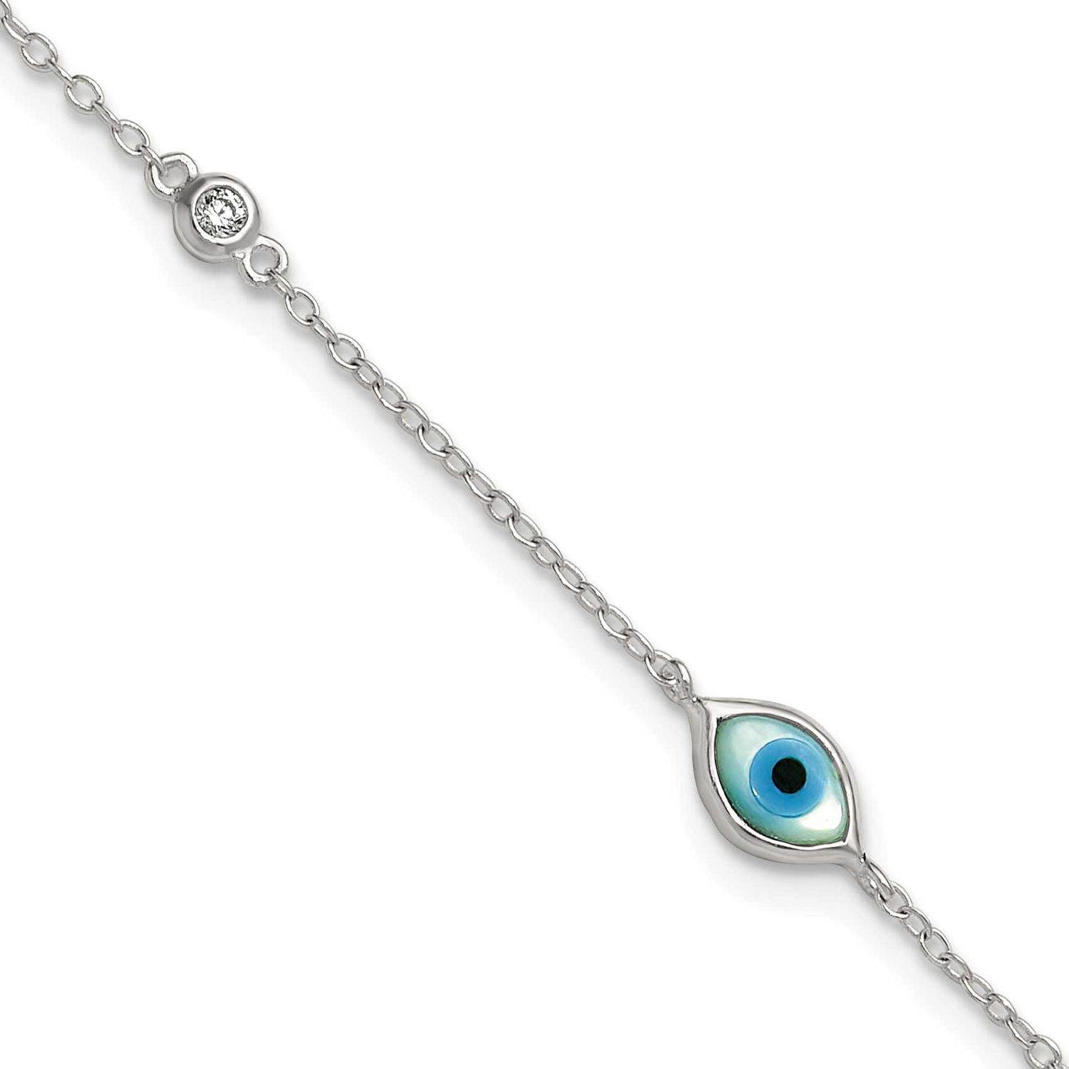 CZ and Mother of Pearl Evil Eye 6.75 Inch with .5 Inch Extension Bracelet Sterling Silver, MPN: QG6…