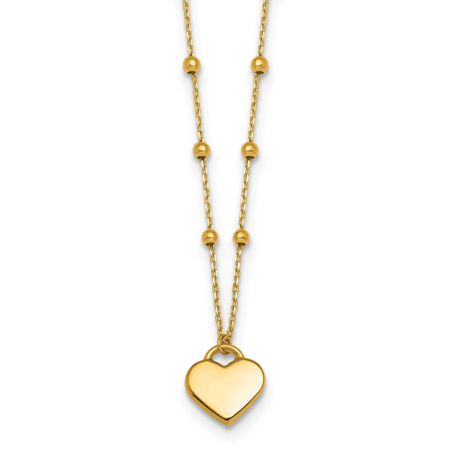 Beaded and Heart 16 Inch with 2 Inch Extender Necklace 14k Gold Polished, MPN: SF3292-16, UPC:
