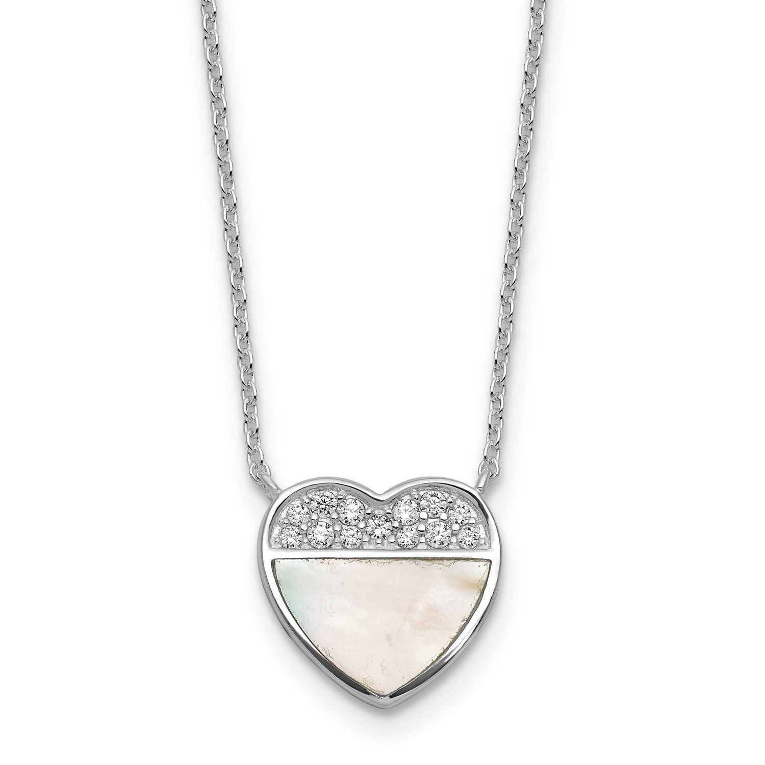 Polished Mother of Pearl CZ Heart 16 Inch with 2 Inch Extension Necklace Sterling Silver Rhodium-Pl…