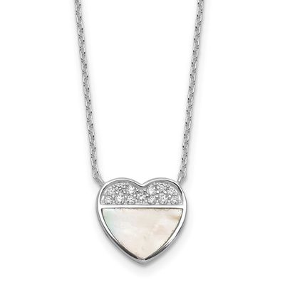 Polished Mother of Pearl CZ Heart 16 Inch with 2 Inch Extension Necklace Sterling Silver Rhodium-Pl…
