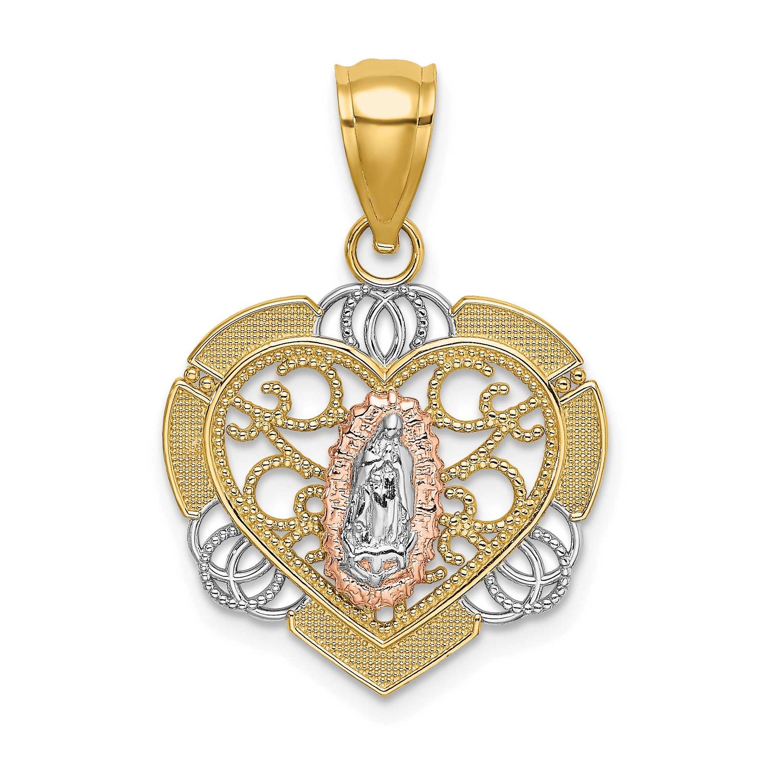 two-Tone with White Rhodium Guadalupe In Heart Charm 14k Gold, MPN: K9207, UPC: 637218083718