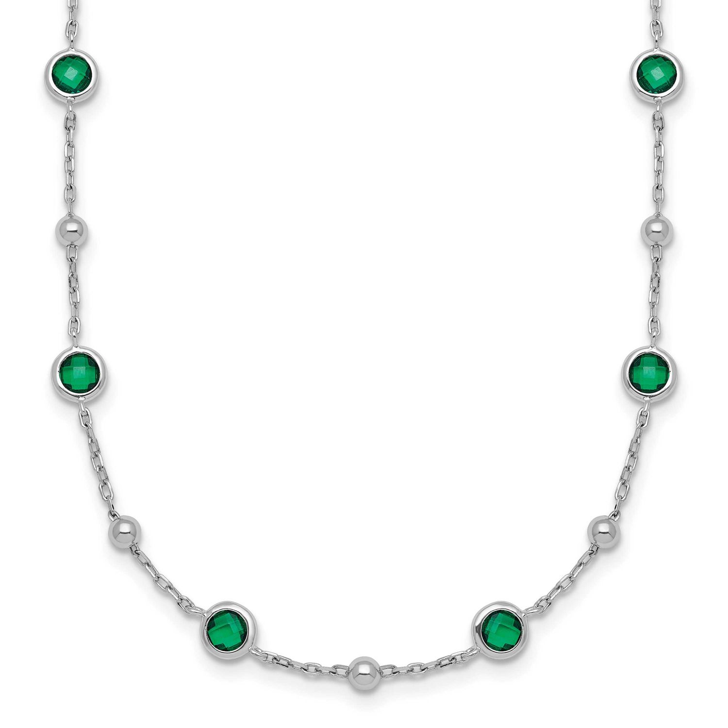 Beaded Green CZ 16 Inch with 2 Inch Extension Necklace Sterling Silver Rhodium-Plated, MPN: QG7008-…