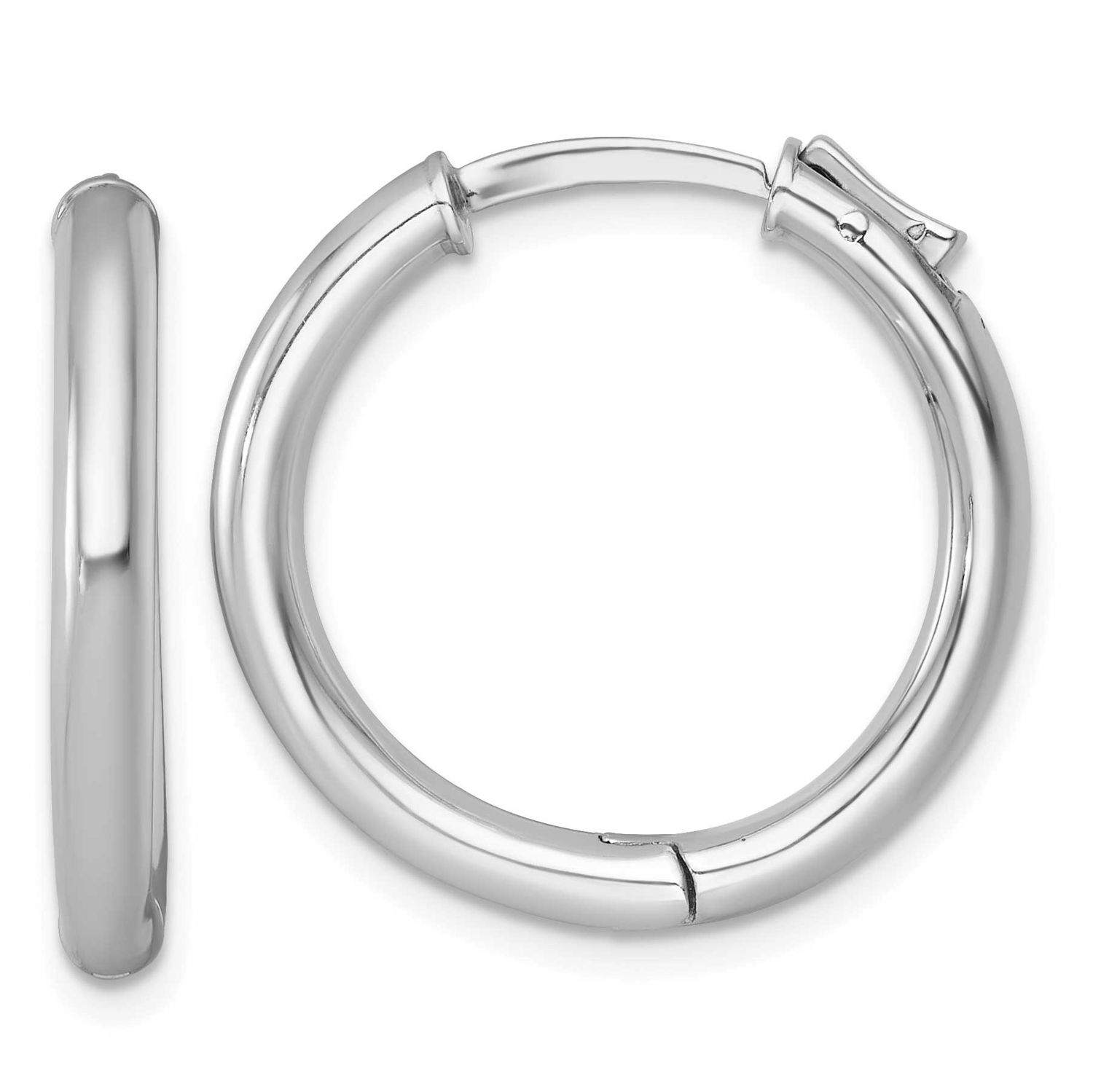 Polished 3x25mm with Safety Lock Round Hinged Hoop Earrings Sterling Silver Rhodium-Plated, MPN: QE…