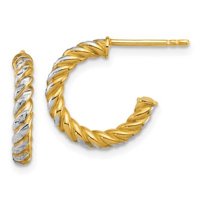 Diamond-cut Twisted 2.75mm Post Hoop Earrings 14k Gold with Rhodium Polished, MPN: TF2544, UPC: