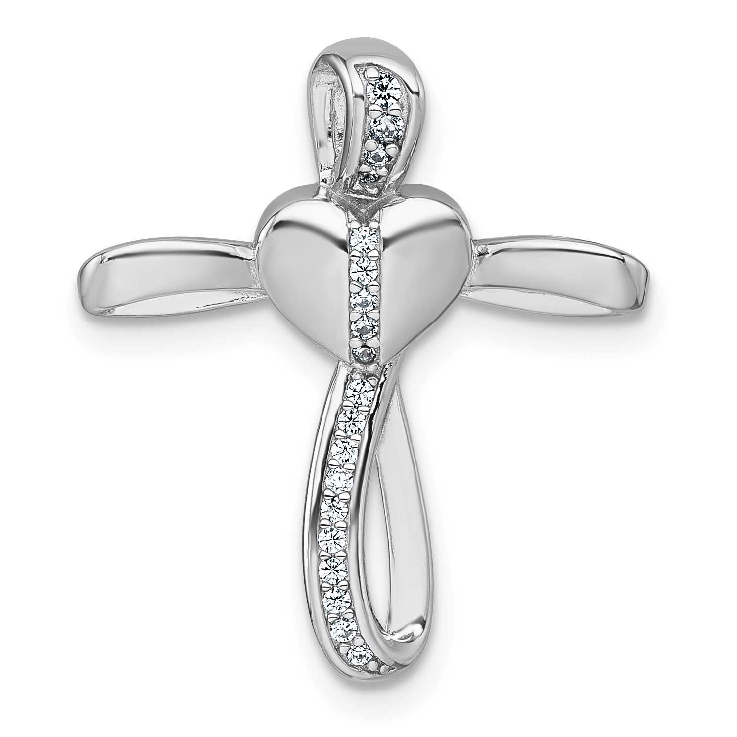 Sterling Silver Rhodium-Plat Polished CZ Heart Cross Chain Slide Pendant 23.3 Inch Sterling Silver …