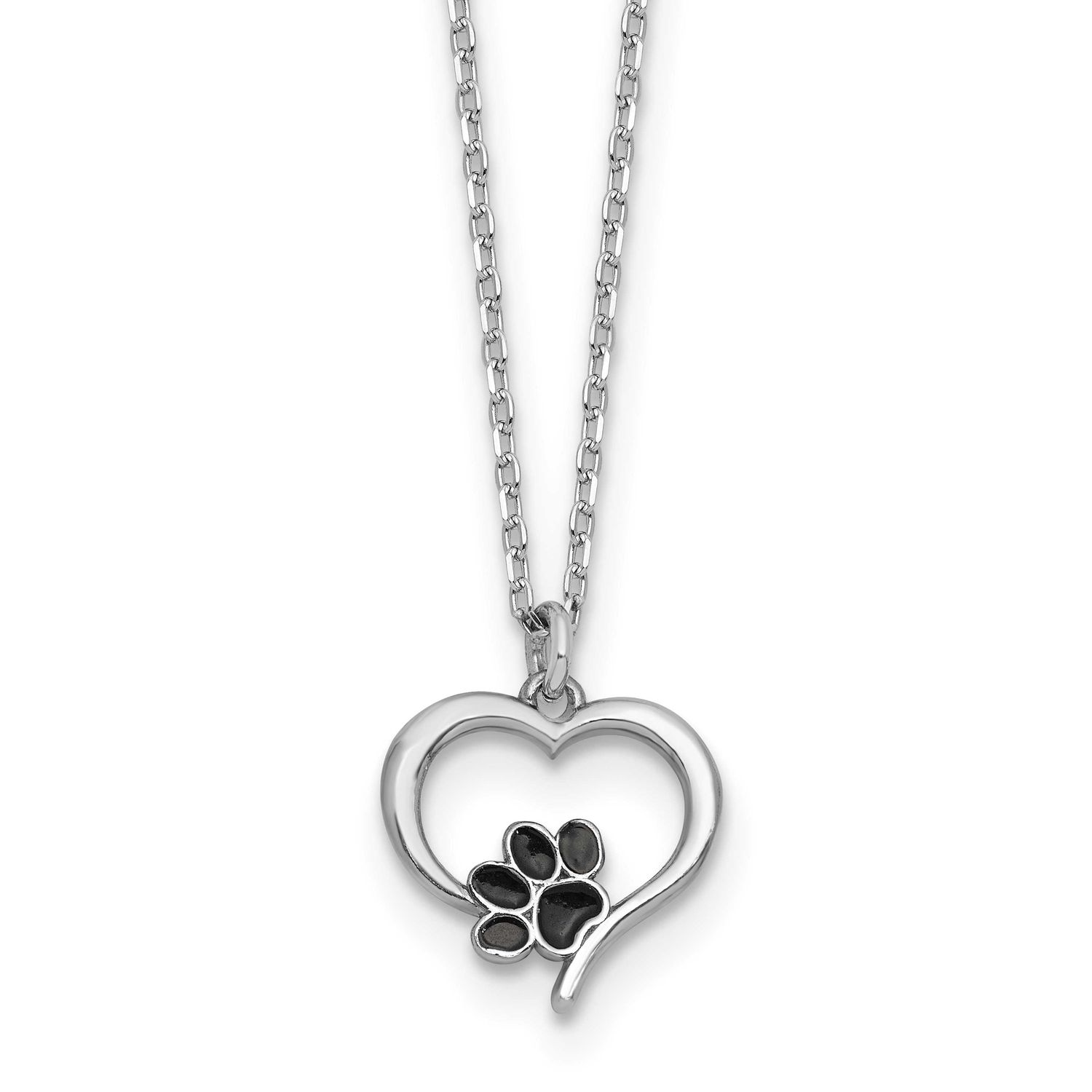 Heart Enamel Paw Print 16 Inch with 1.5 Inch Extension Necklace Sterling Silver Rhodium-Plated, MPN…