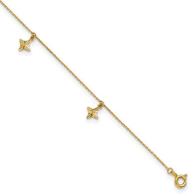 Diamond-Cut Stars Dangle Stations 9 Plus 1 Inch Extender Anklet 10k Gold Polished, MPN: 10ANK376-9,…