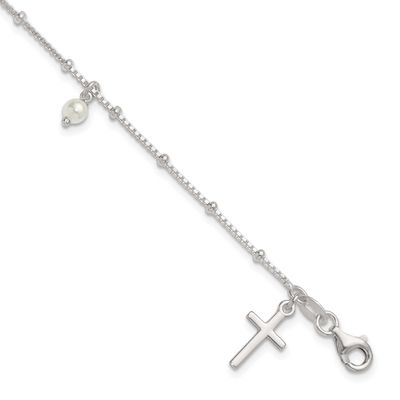 Beaded Glass Pearl Cross Bracelet Sterling Silver Polished, MPN: QG7124-7.5, UPC: