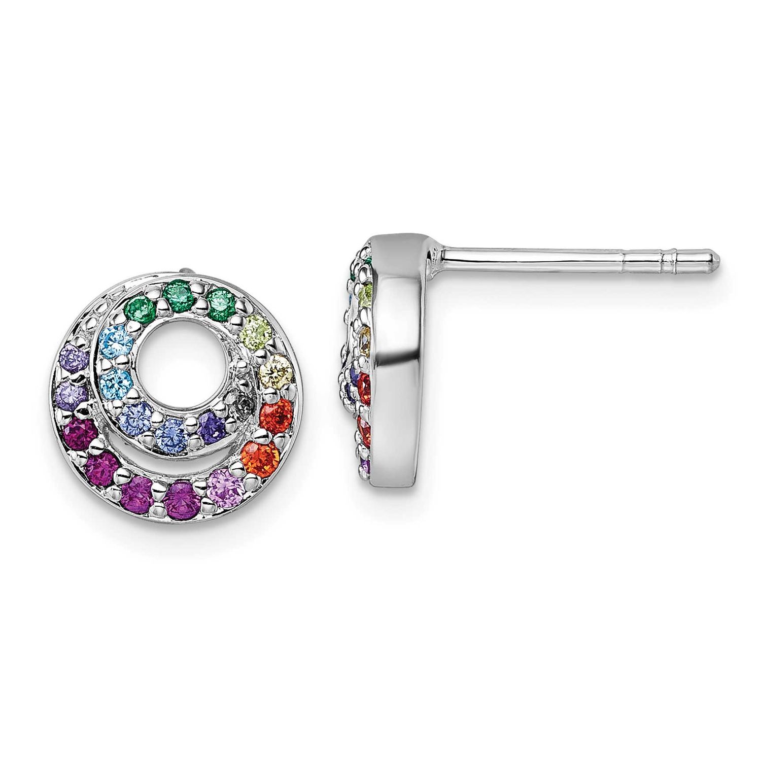 Multi Color CZ Double Circle Post Earrings Sterling Silver Rhodium-Plated, MPN: QG7173E, UPC:
