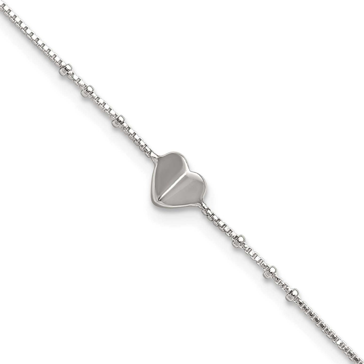 Beaded Heart 9 Inch Plus 1 Inch Extension Anklet Sterling Silver Polished, MPN: QG6879-9, UPC: