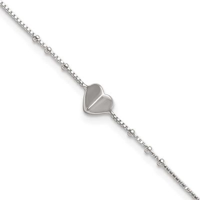 Beaded Heart 9 Inch Plus 1 Inch Extension Anklet Sterling Silver Polished, MPN: QG6879-9, UPC: