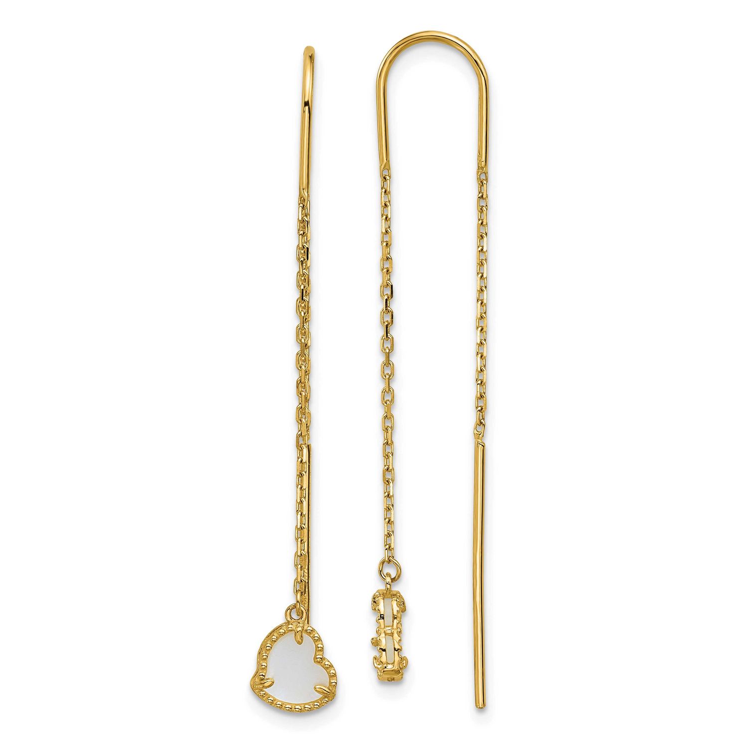Mother of Pearl Heart Cable Chain Threader Earrings 48.6 Inch 14k Gold Polished, MPN: TF2589, UPC: