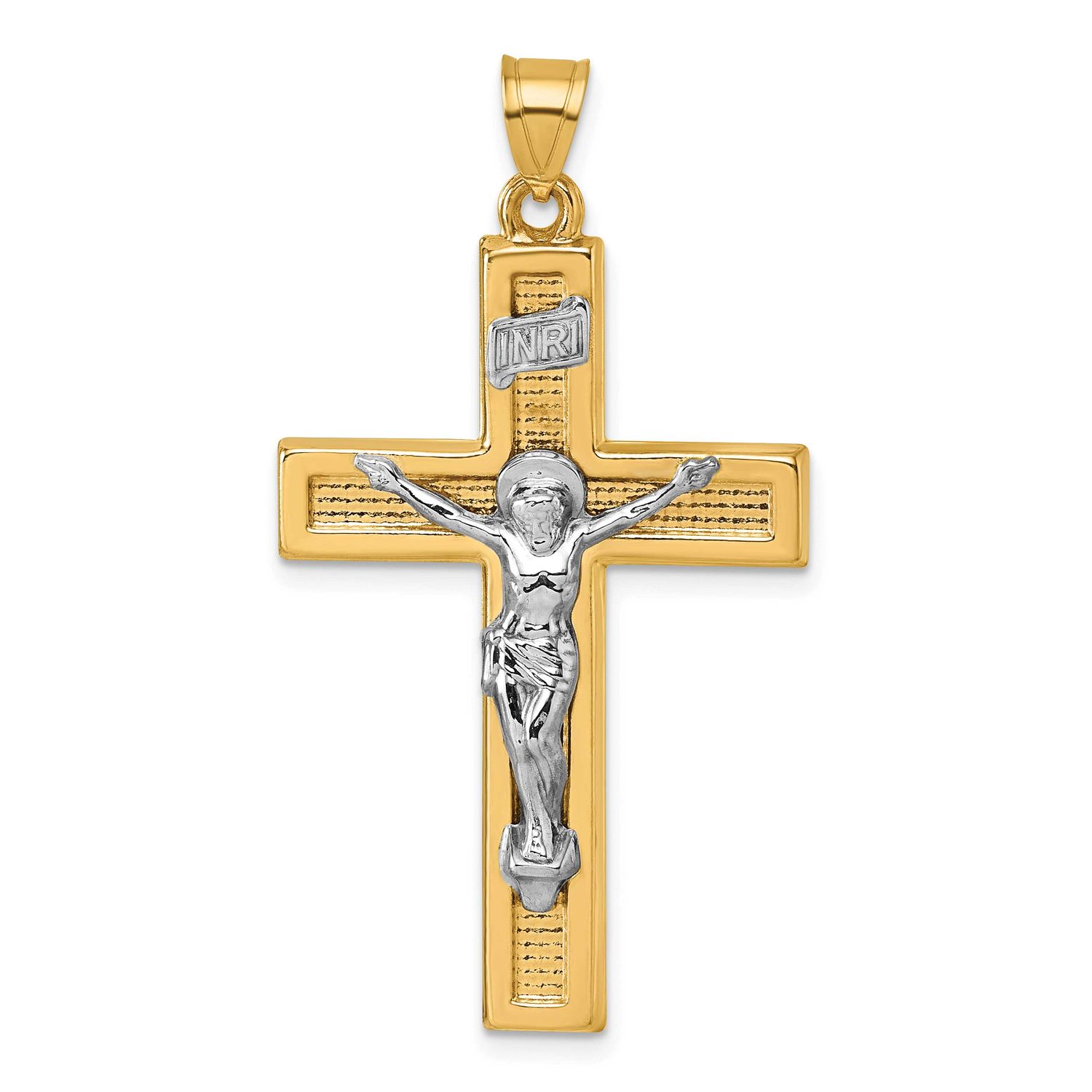 Inri Crucifix Cross Pendant 14k Gold with Rhodium Polished, MPN: XR2176, UPC: