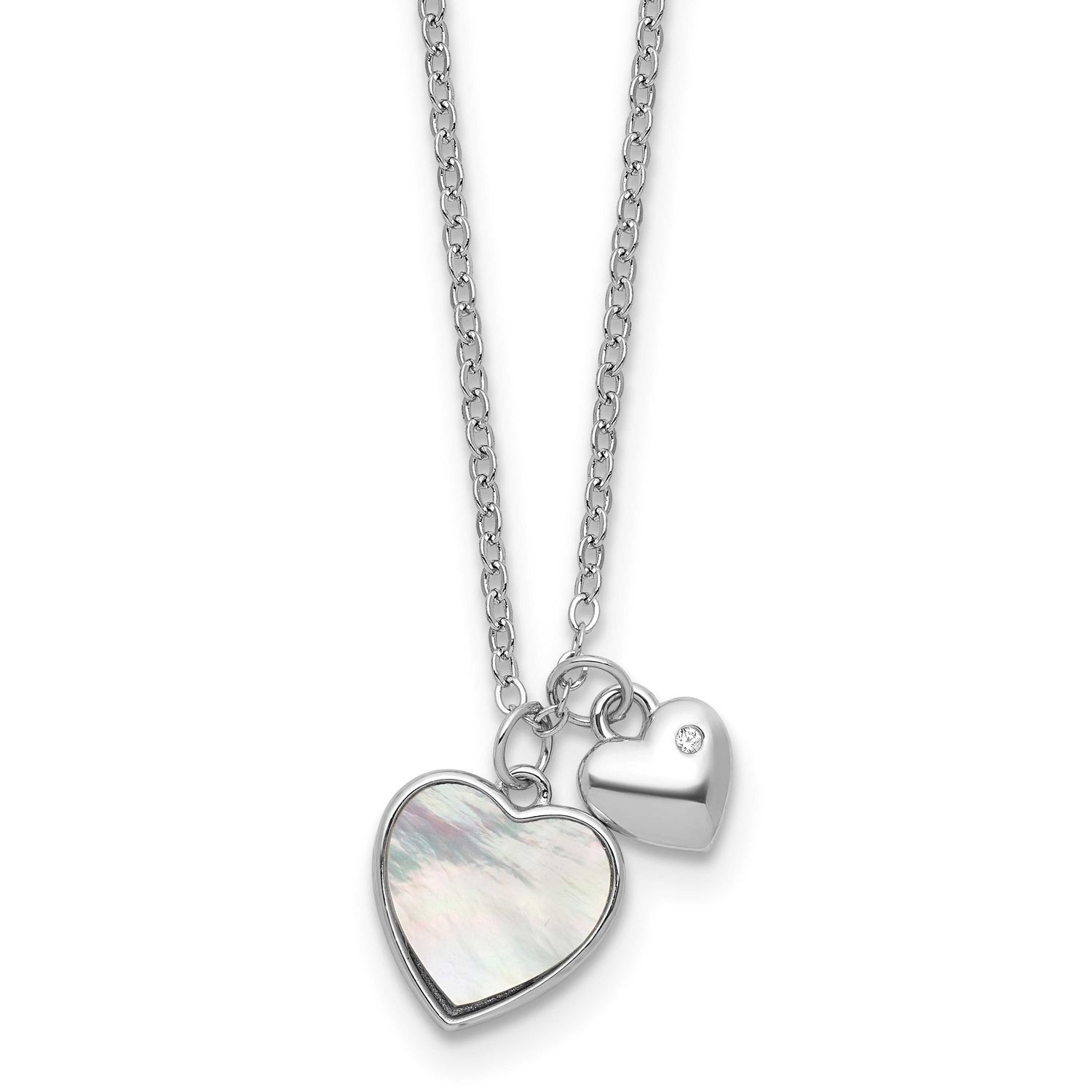 Mop CZ Hearts 14 Inch with 3 Inch Extension Children&#39;s Necklace Sterling Silver Rhodium-Plated, MPN…