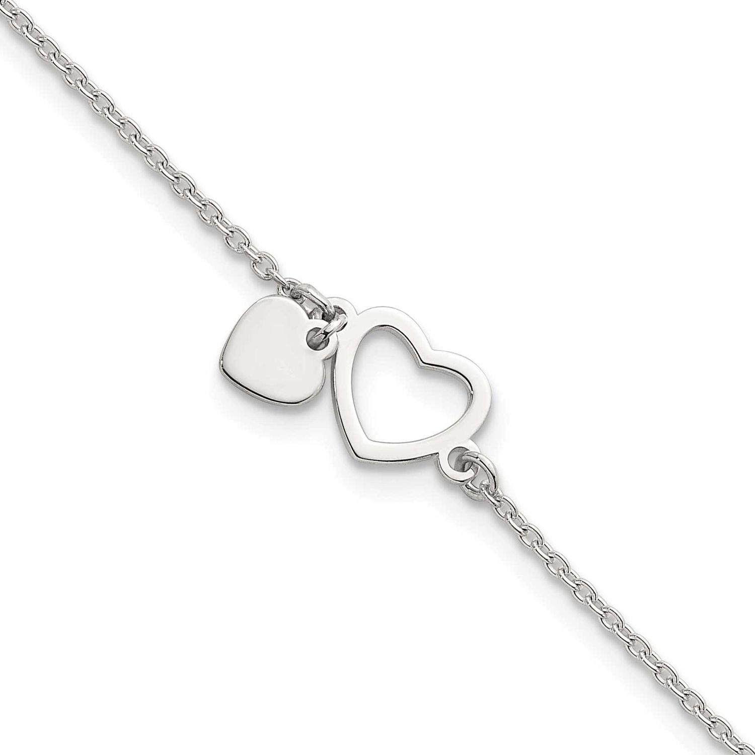 Double Heart with 1 Inch Extension Bracelet Sterling Silver Polished, MPN: QG6832-7, UPC: