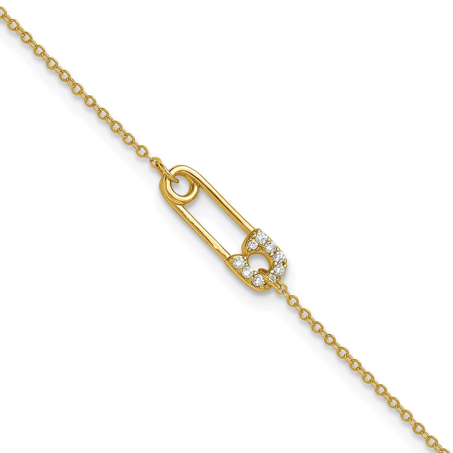 CZ Safety Pin 9 Inch Plus 1 Inch Extension Anklet Sterling Silver Gold-Tone Polished, MPN: QG6897GP…