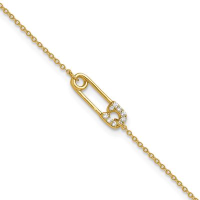 CZ Safety Pin 9 Inch Plus 1 Inch Extension Anklet Sterling Silver Gold-Tone Polished, MPN: QG6897GP…