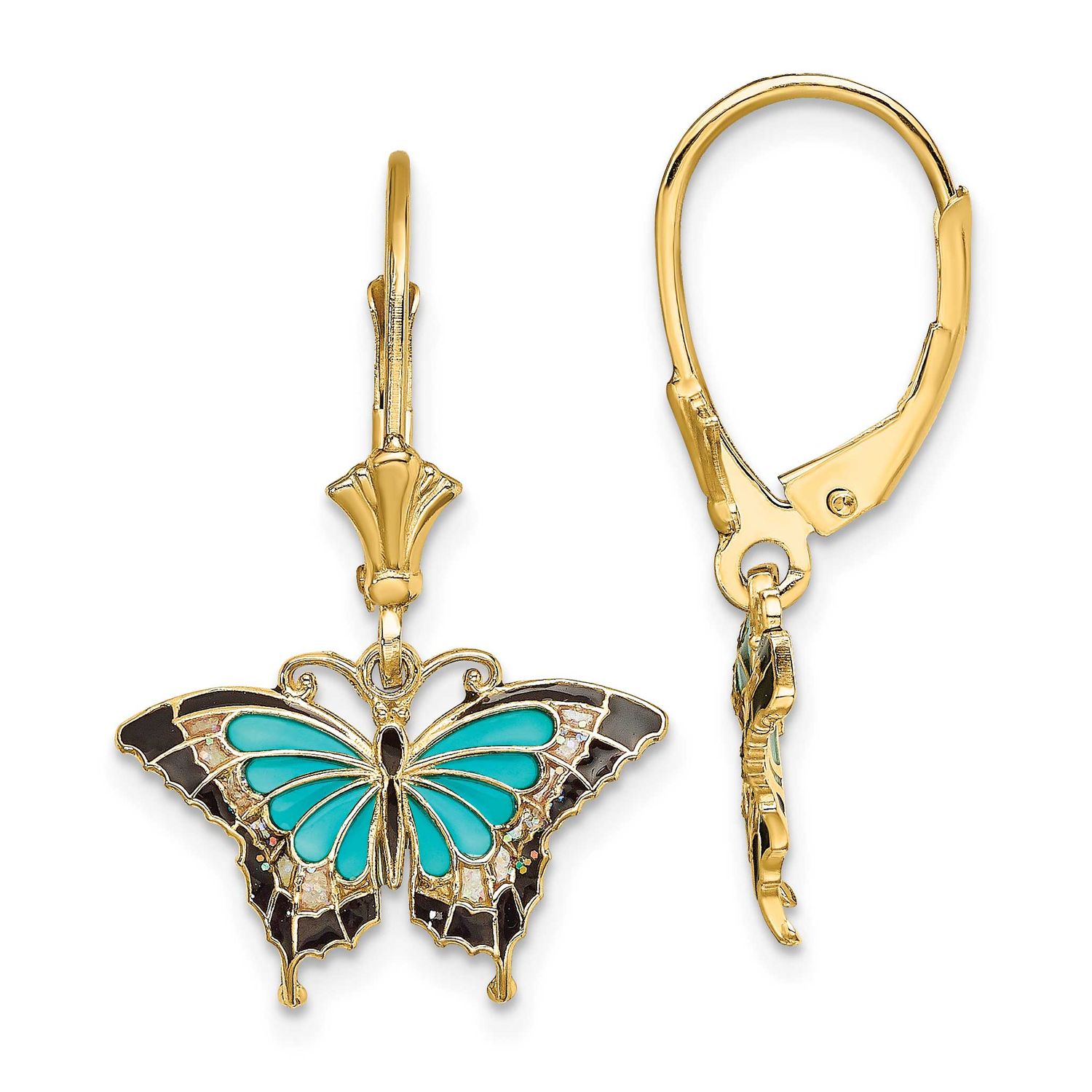 Aqua Enameled Wings Butterfly Leverback Earrings 14k Gold, MPN: TF1916, UPC: 637218157785