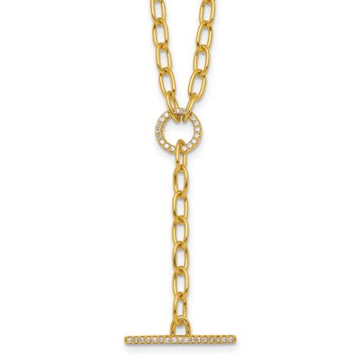 CZ Paperclip Y Drop 17 Inch Necklace Sterling Silver Gold-Tone Polished, MPN: QG7063GP-17, UPC: