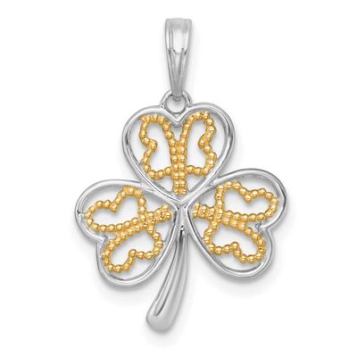 Fancy 3 Leaf Clover Charm 14k Gold with Rhodium Polished, MPN: K10034, UPC: