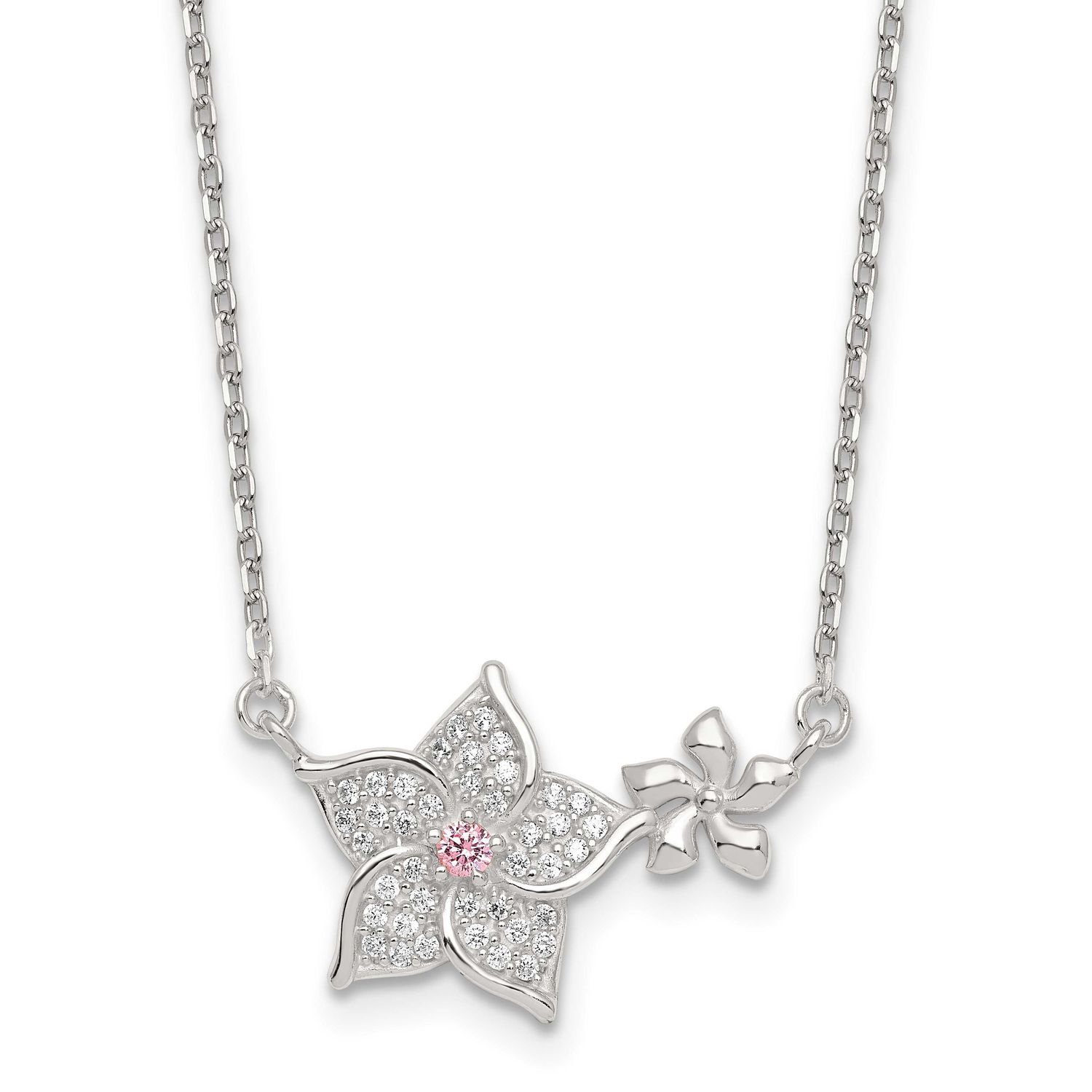 Pink and White CZ Flower with 2 Inch Extension Necklace Sterling Silver, MPN: QG7089-16, UPC: