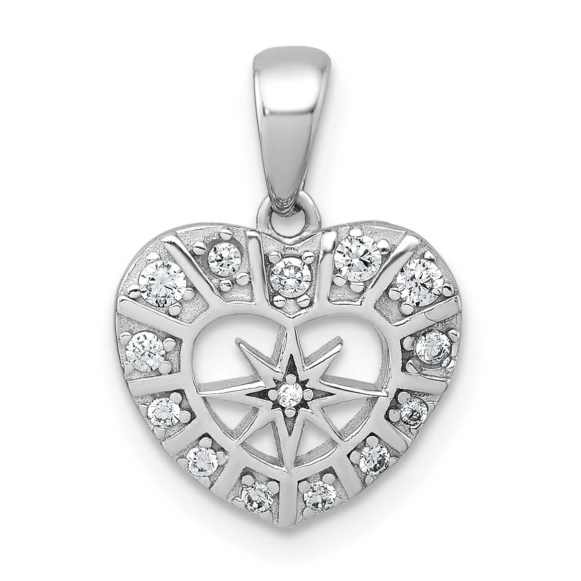 Polished CZ Star Heart Pendant Sterling Silver Rhodium-Plated, MPN: QC11552, UPC: