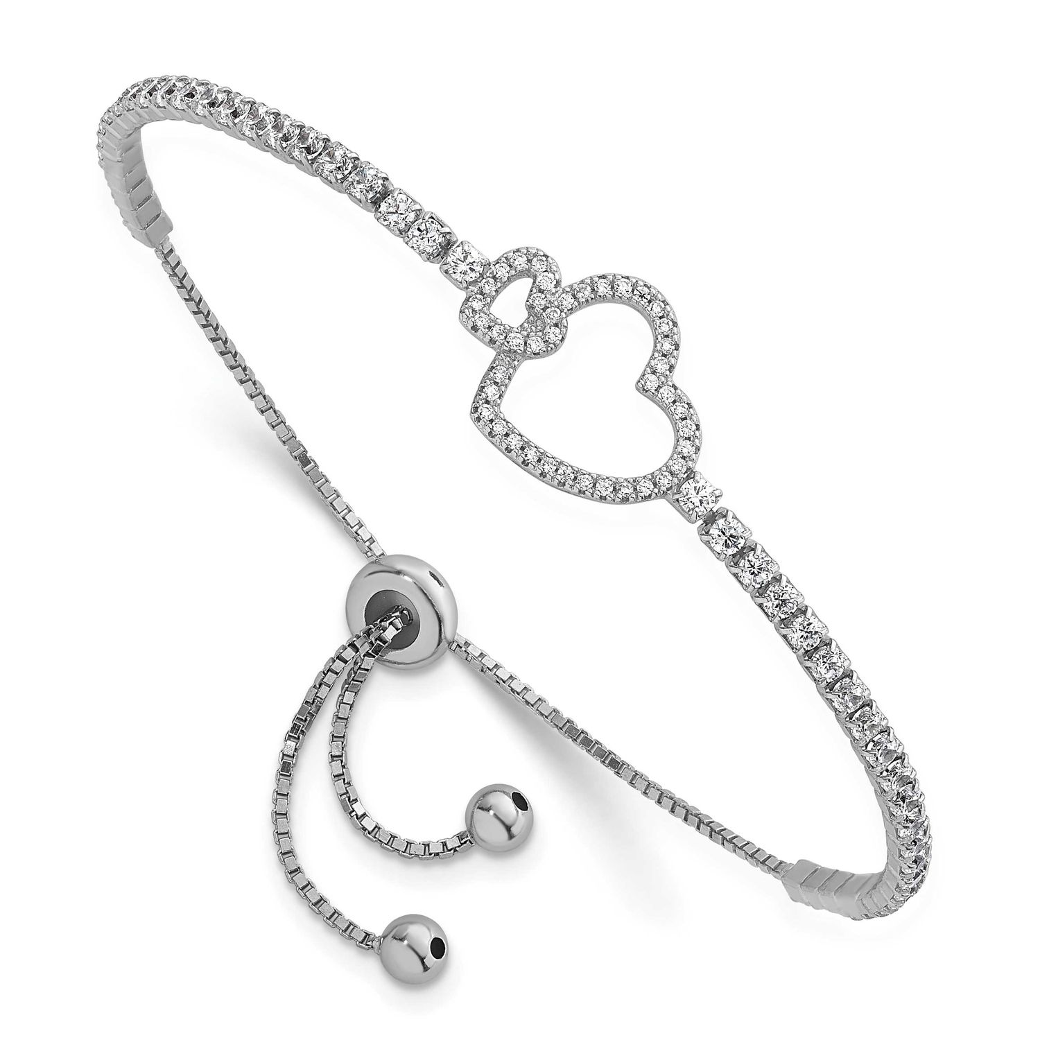 CZ Heart Adjustable Bolo Bracelet Sterling Silver Rhodium-Plated, MPN: QG6804, UPC: