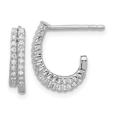 CZ 2 Row J-Hoop Post Earrings Sterling Silver Rhodium-Plated, MPN: QE18084, UPC: