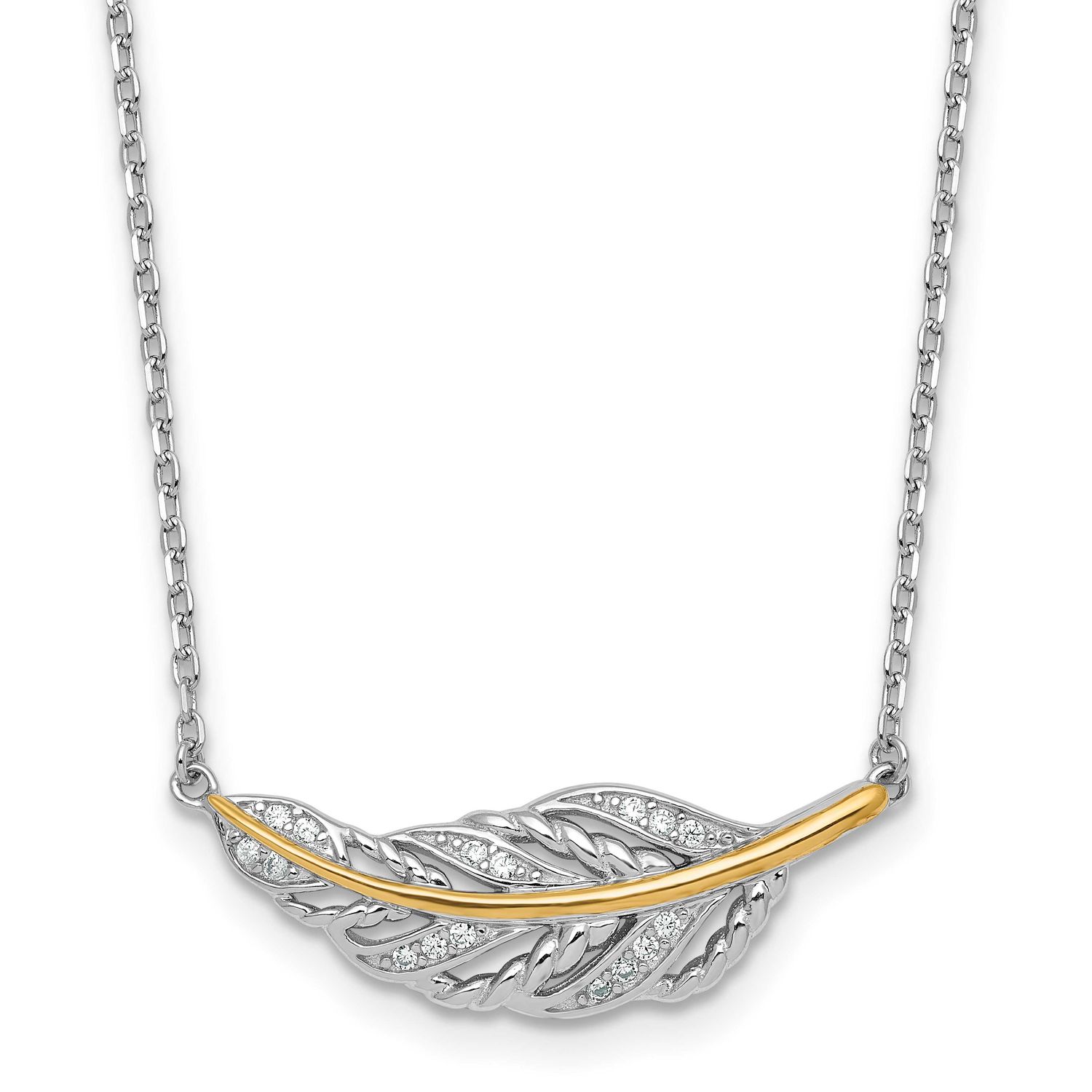14k Accent Polished CZ Feather 16 Inch 2 Inch Extension Necklace Sterling Silver Rhodium-Plated, MP…